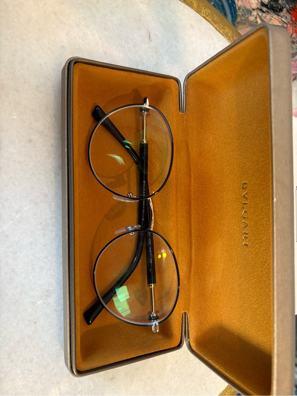 Bulgari Round Metal and Black Eyeglasses with Gold Accents